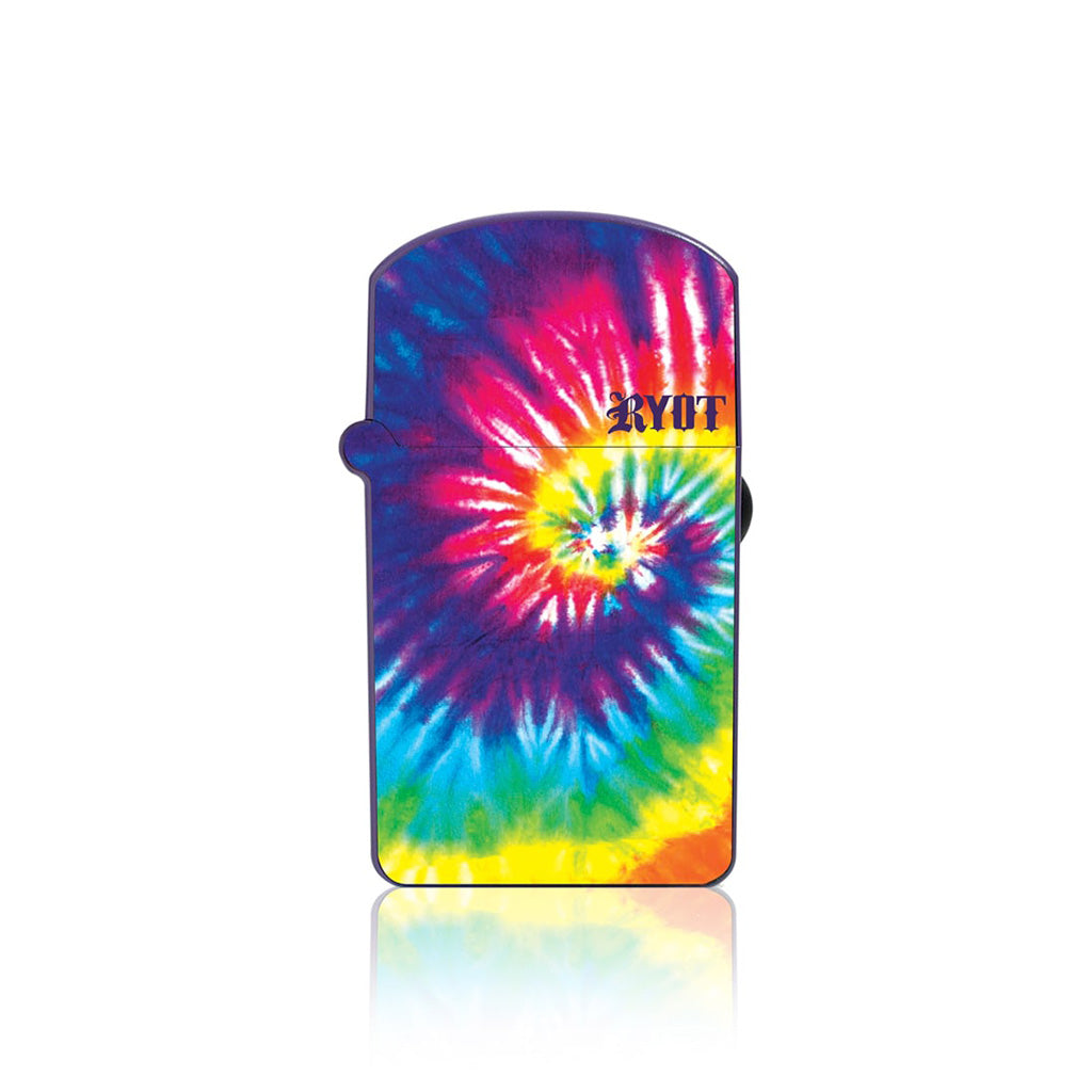 Front view of the Tie-Dye RYOT Verb 510 thread battery, featuring a vibrant multi-color swirl design and a flip-top lighter-style lid.