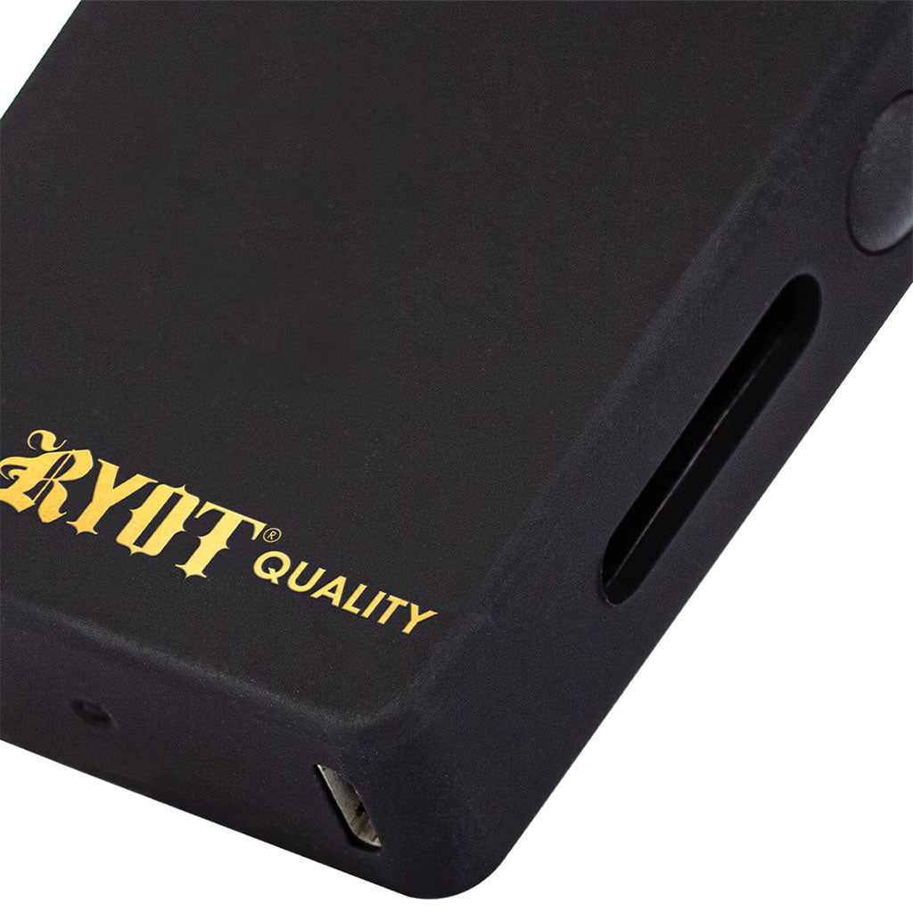 Detailed view of the RYOT Verb 510 battery in Black with a premium gold logo, highlighting the micro-USB port and smooth matte finish.