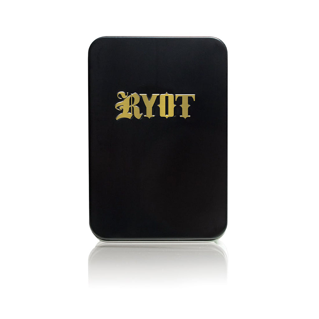 Premium Black RYOT Verb metal tin featuring a high-contrast gold metallic 'RYOT' logo.