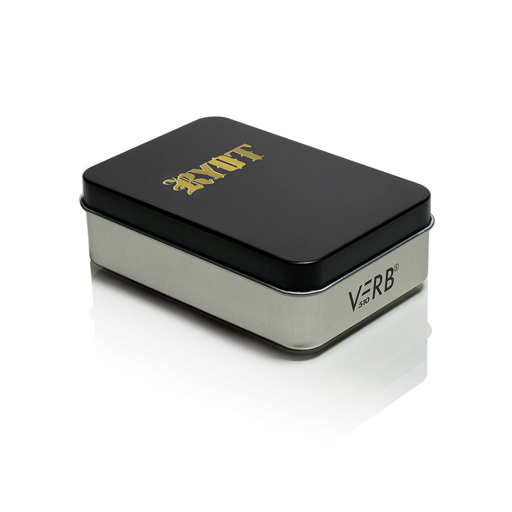 Angled shot of the Black and Gold RYOT Verb metal tin, featuring the metallic gold logo and official VERB 510 series side print.