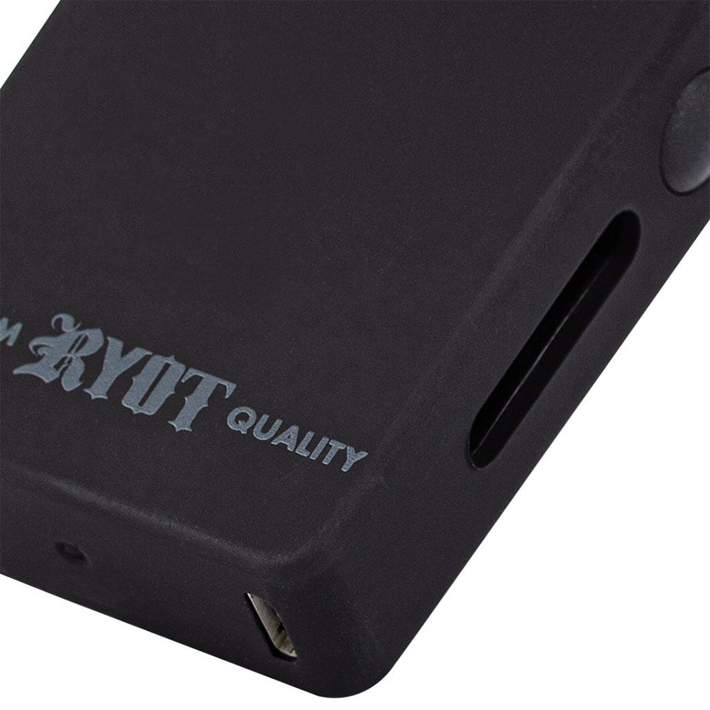 Extreme close-up of the Matte Black RYOT Verb showing the gray "RYOT Quality" branding, oil level window, and Micro USB charging port.