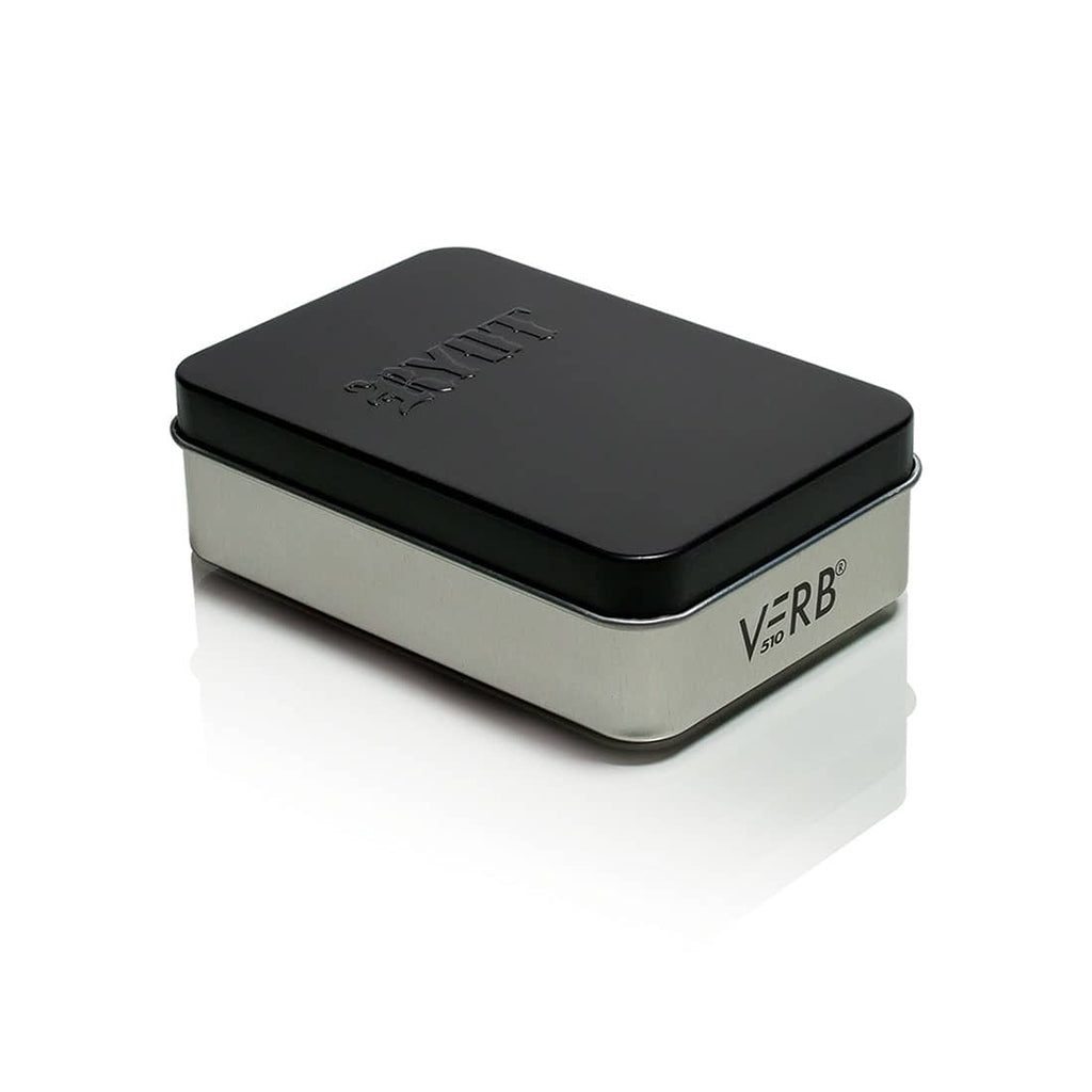 Stealthy Matte Black RYOT Verb 510 thread battery tin, showing the tonal embossed logo and sleek silver-sided storage container.