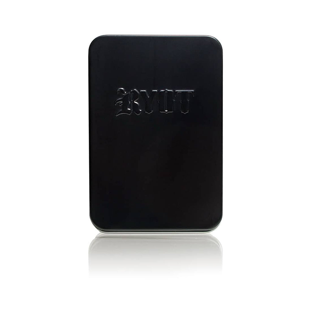 Sleek Matte Black RYOT Verb storage case with a tonal embossed logo; a durable metal container for 510 thread batteries.