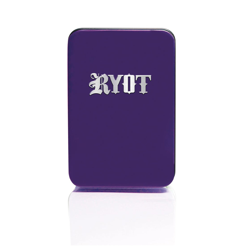 Deep Purple RYOT Verb metal storage tin with a silver metallic 'RYOT' logo; a premium collector’s case for 510 batteries.