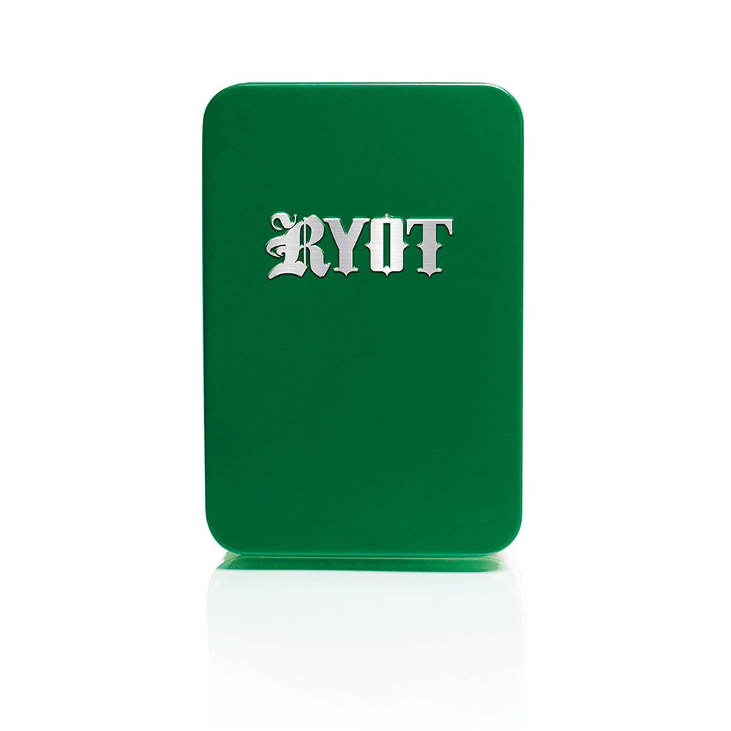 Vibrant Green RYOT Verb collector's tin with a silver metallic logo; protective metal travel case for vapes.