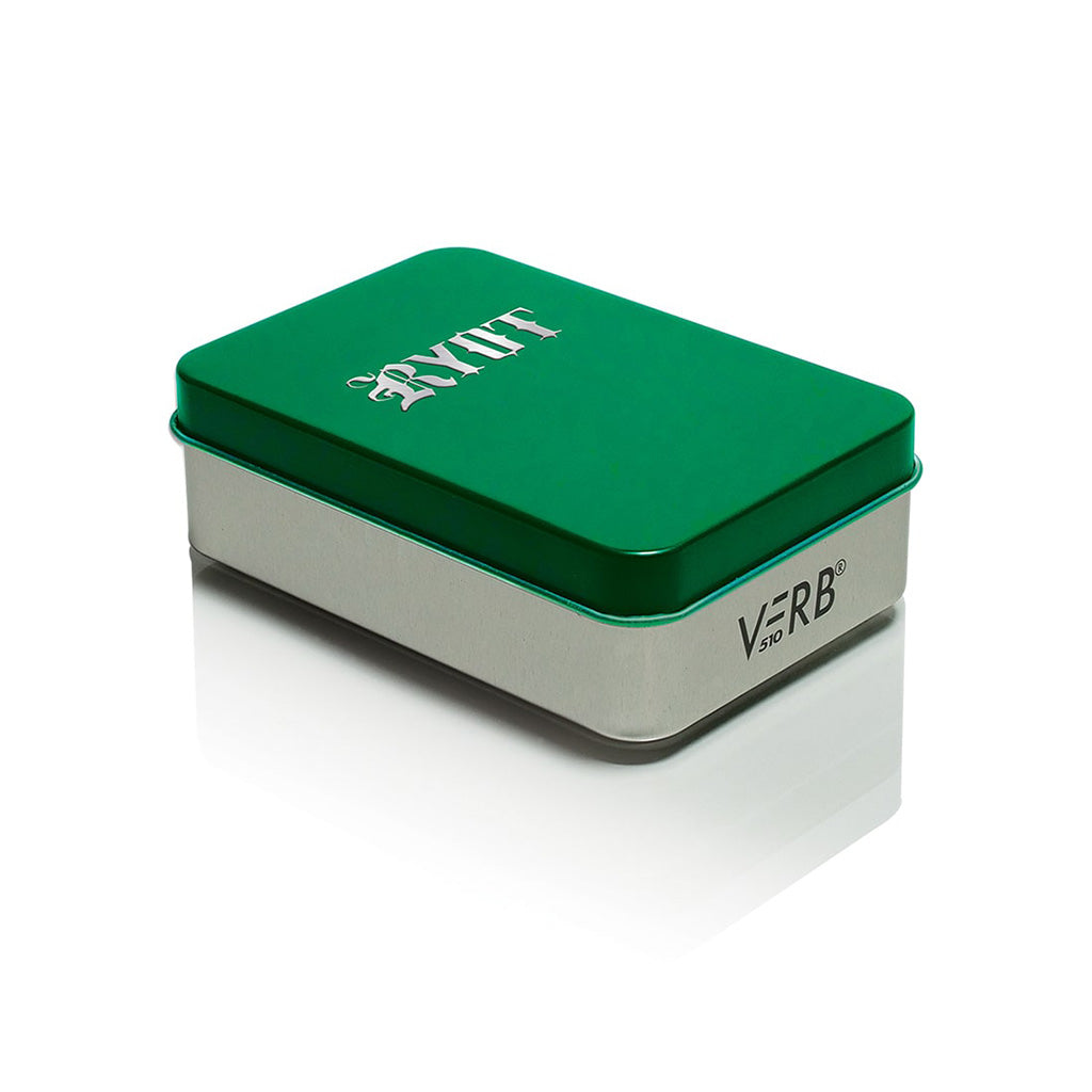 Angled view of the Bright Green RYOT Verb 510 battery storage tin with a silver embossed logo and "VERB 510" side branding.