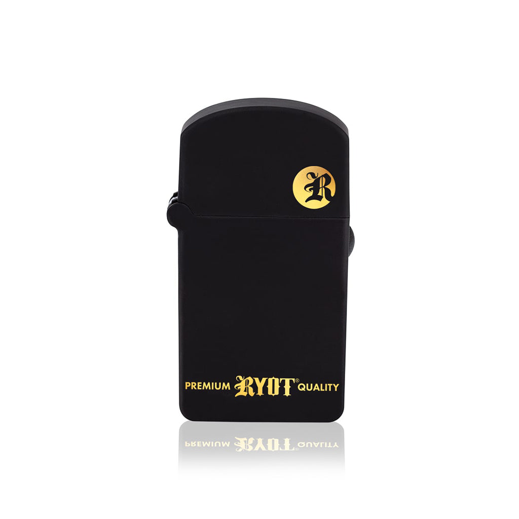 Premium Black and Gold RYOT Verb 510 flip-top battery, featuring a high-contrast gold 'R' logo and metallic branding.