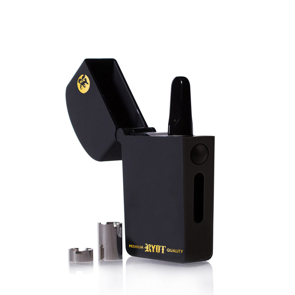 Matte Black RYOT Verb 510 battery shown open with a cartridge inserted and two magnetic 510 thread adapters displayed alongside.