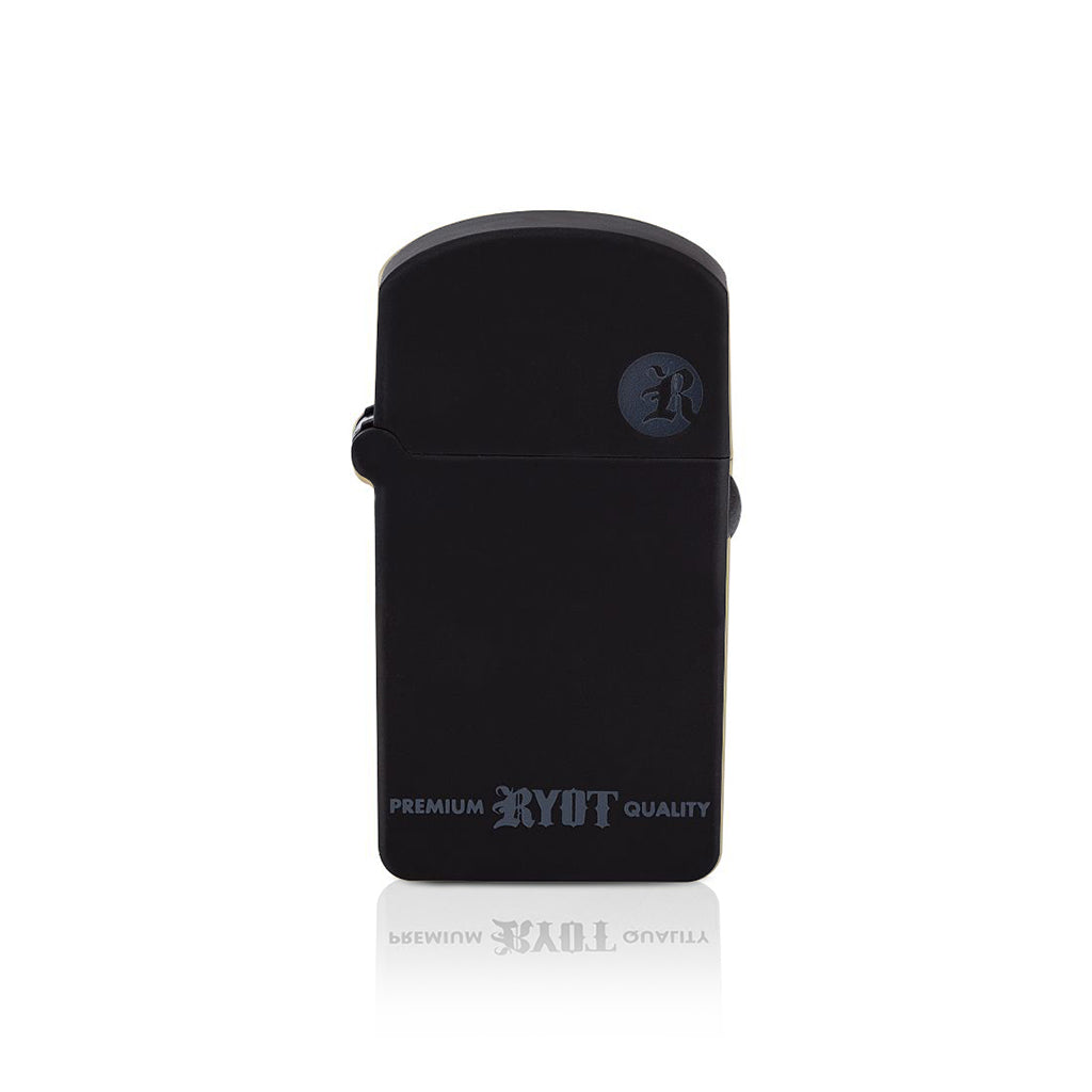 Matte Black RYOT Verb 510 thread battery with a subtle gray logo; a pocket-friendly, discreet flip-top vape.