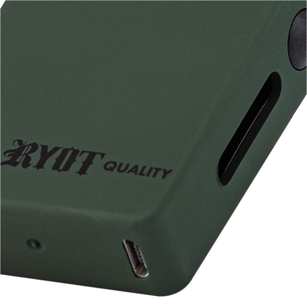 Macro view of the Olive Green RYOT Verb 510 thread battery showing the bottom Micro USB port and the matte, textured finish.