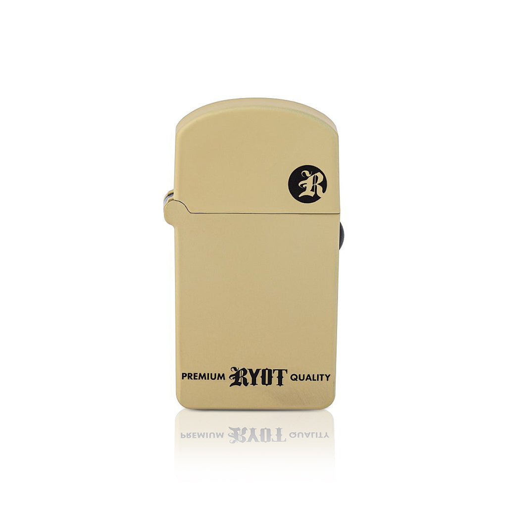 Sand-colored RYOT Verb 510 vaporizer battery featuring a matte finish and stealthy flip-top lid.