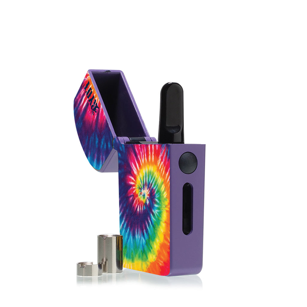 Tie-Dye RYOT Verb flip-top vape battery in an open position with magnetic adapters, showcasing the 510 thread connection and colorful swirl finish.