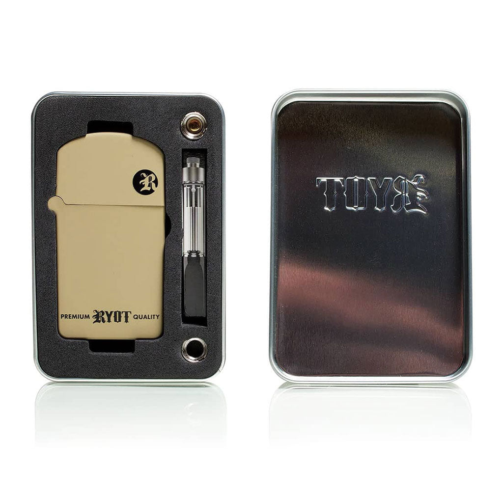 Overhead view of the Sand RYOT Verb 510 kit unboxed, showing the battery and a 510-thread cartridge fitted in the protective foam.