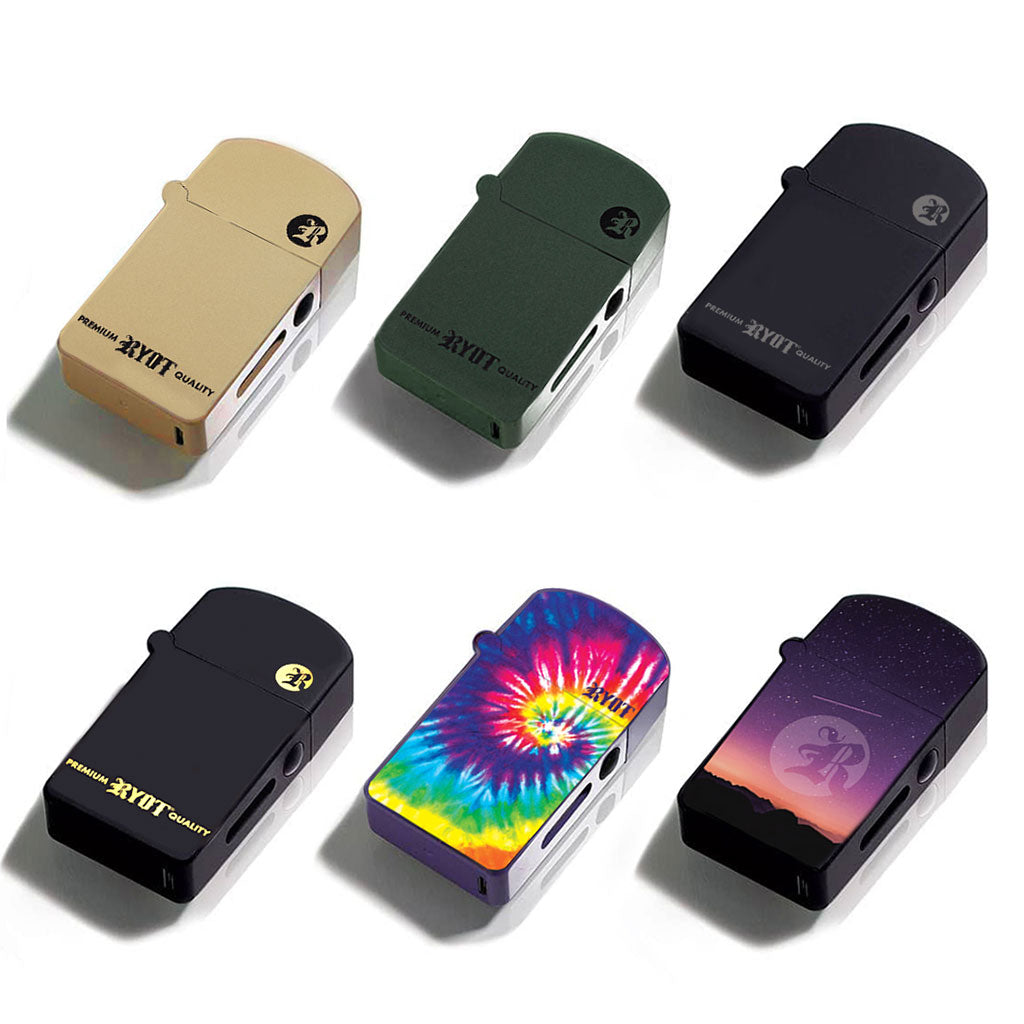 Group of RYOT Verb 510 flip-top vape batteries in various colors: Black, Olive Green, Sand, Tie-Dye, and Sunset.