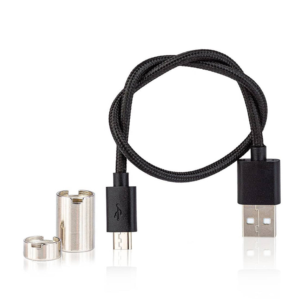 RYOT Verb 510 replacement accessories including a braided Micro-USB charging cable and two magnetic 510-thread adapters.