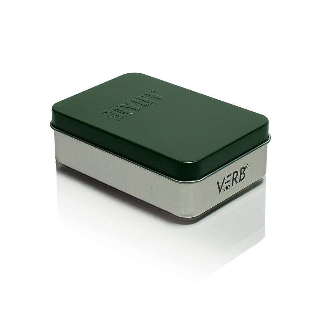 Matte Olive Green RYOT Verb storage tin displayed at an angle, highlighting the durable metal construction and flip-top battery model name.