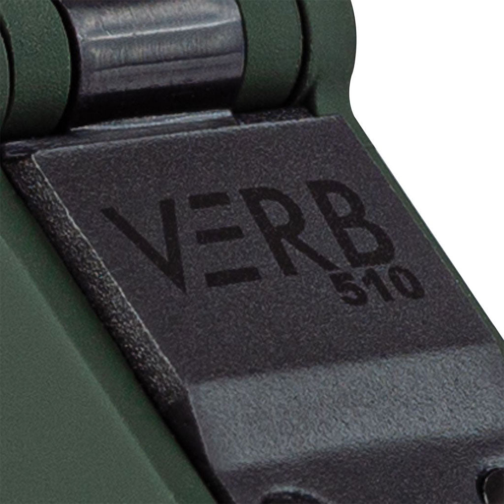 Detailed macro view of the RYOT Verb 510 hinge and internal branding, showcasing the durable flip-top lid mechanism and model name.