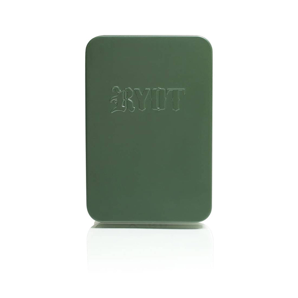 Olive Green matte metal gift tin for the RYOT Verb 510 battery, showing the debossed RYOT branding.