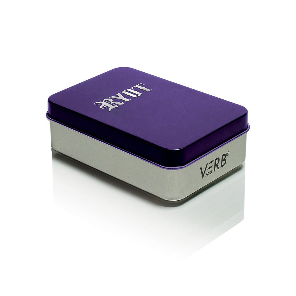 Metallic Purple RYOT Verb protective tin shown at an angle, featuring the premium silver RYOT logo and sleek metal finish.