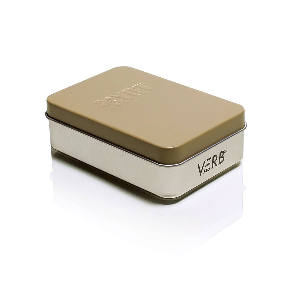 Angled view of the Sand RYOT Verb 510 battery tin, showcasing the embossed lid and the 'VERB 510' branding on the side of the metal case.