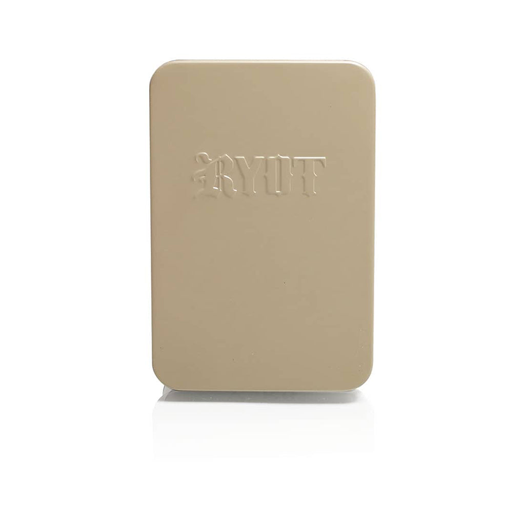 Sand-colored RYOT Verb protective metal storage tin featuring an embossed 'RYOT' logo on the front.