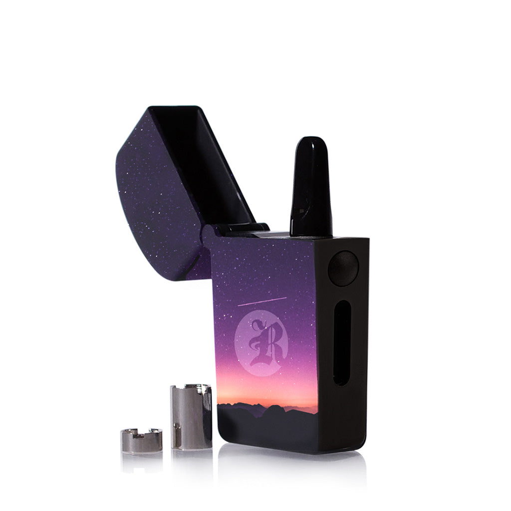 Sunset-themed RYOT Verb vaporizer open to reveal the internal cartridge chamber and included magnetic connector rings.