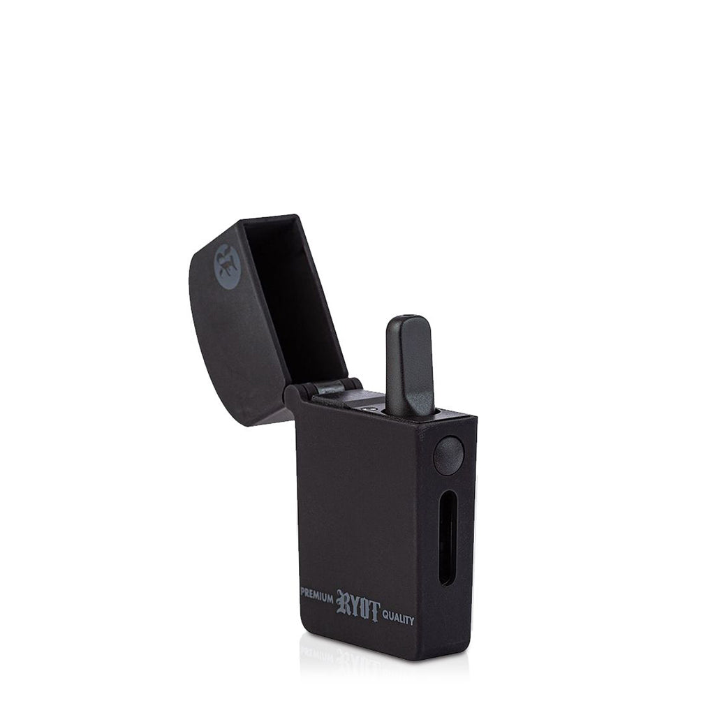Matte Black RYOT Verb 510 battery open to reveal a hidden cartridge; features a Micro USB port for easy charging.
