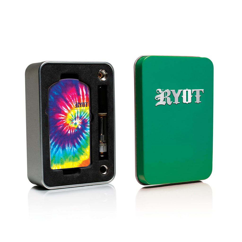 Tie-Dye RYOT Verb 510 flip-top battery displayed in its metal gift tin with internal foam padding and cartridge slot.