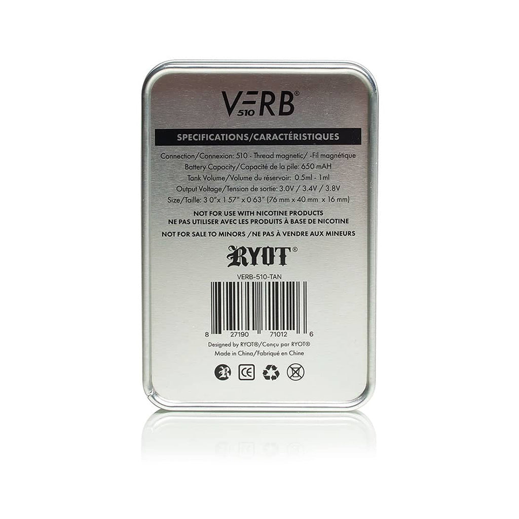 Back of the RYOT Verb 510 packaging showing technical specifications: 650mAh battery, 3 variable voltage settings (3.0V, 3.4V, 3.8V), and 510-thread magnetic connection.