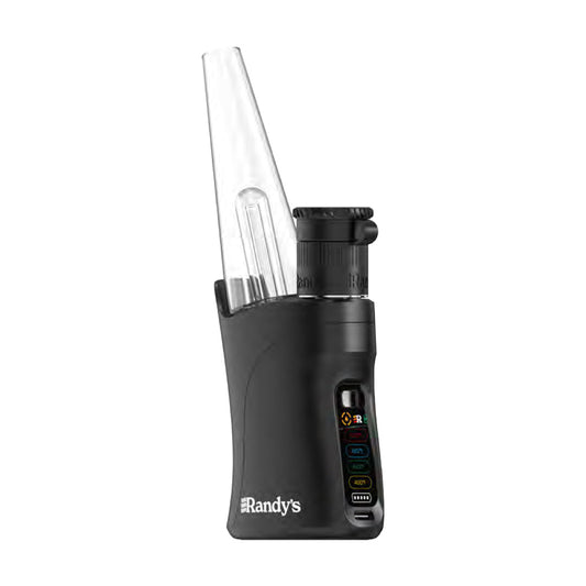 A clean, front-angle studio product shot showcasing the Randy's Grip Plus Vaporizer in the sleek Midnight finish. The handheld e-rig highlights its matte black pistol-grip body, the clear integrated digital display screen on the spine, and a curved borosilicate glass water bubbler attachment mounted securely on top.