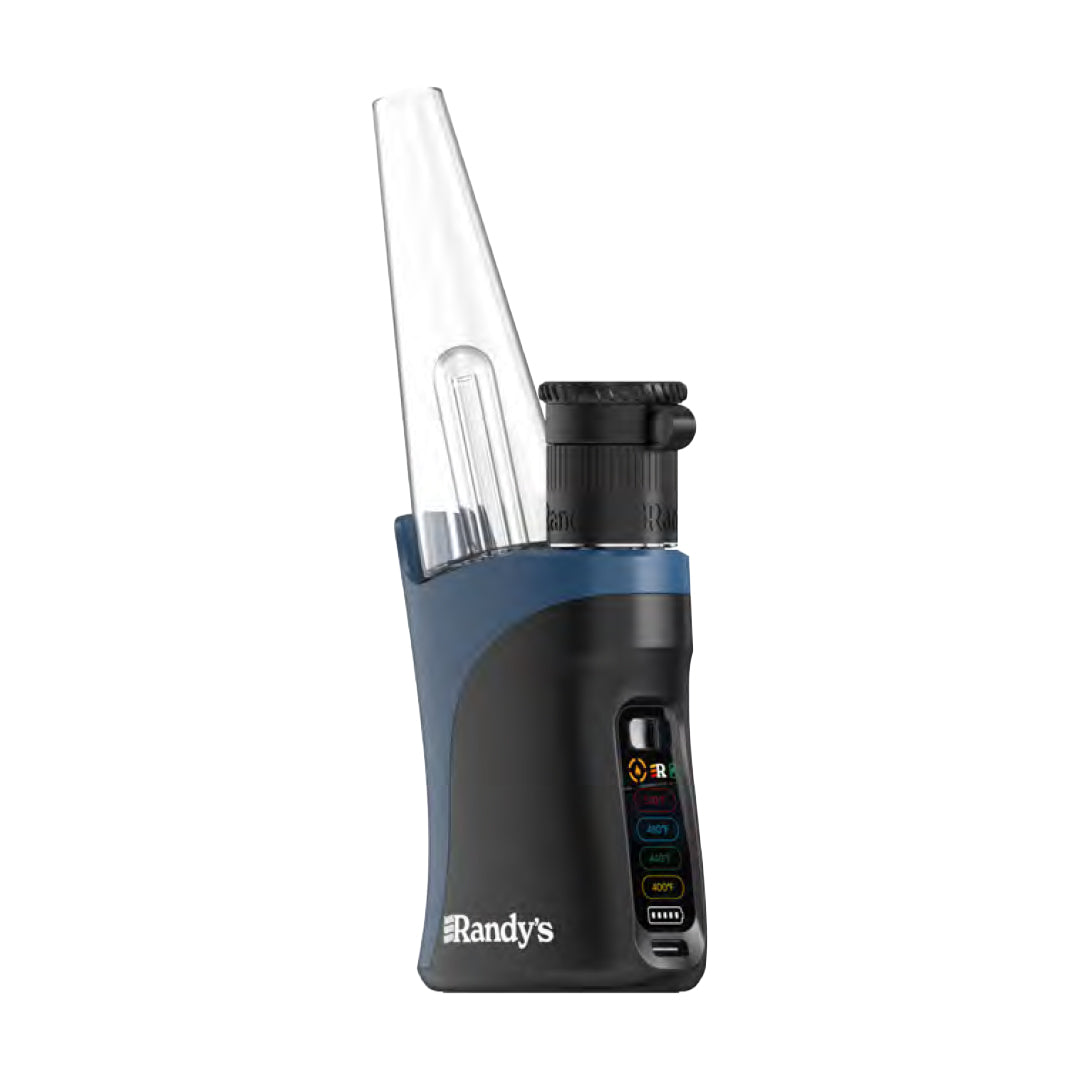 A detailed, front-angle studio product shot displaying the Randy's Grip Plus Vaporizer in the vibrant Sapphire colorway. The image emphasizes the deep cobalt blue metallic finish of the contoured handheld concentrate device, showing off its ergonomic form factor beneath the clear glass water filtration percolator unit on a clean background.