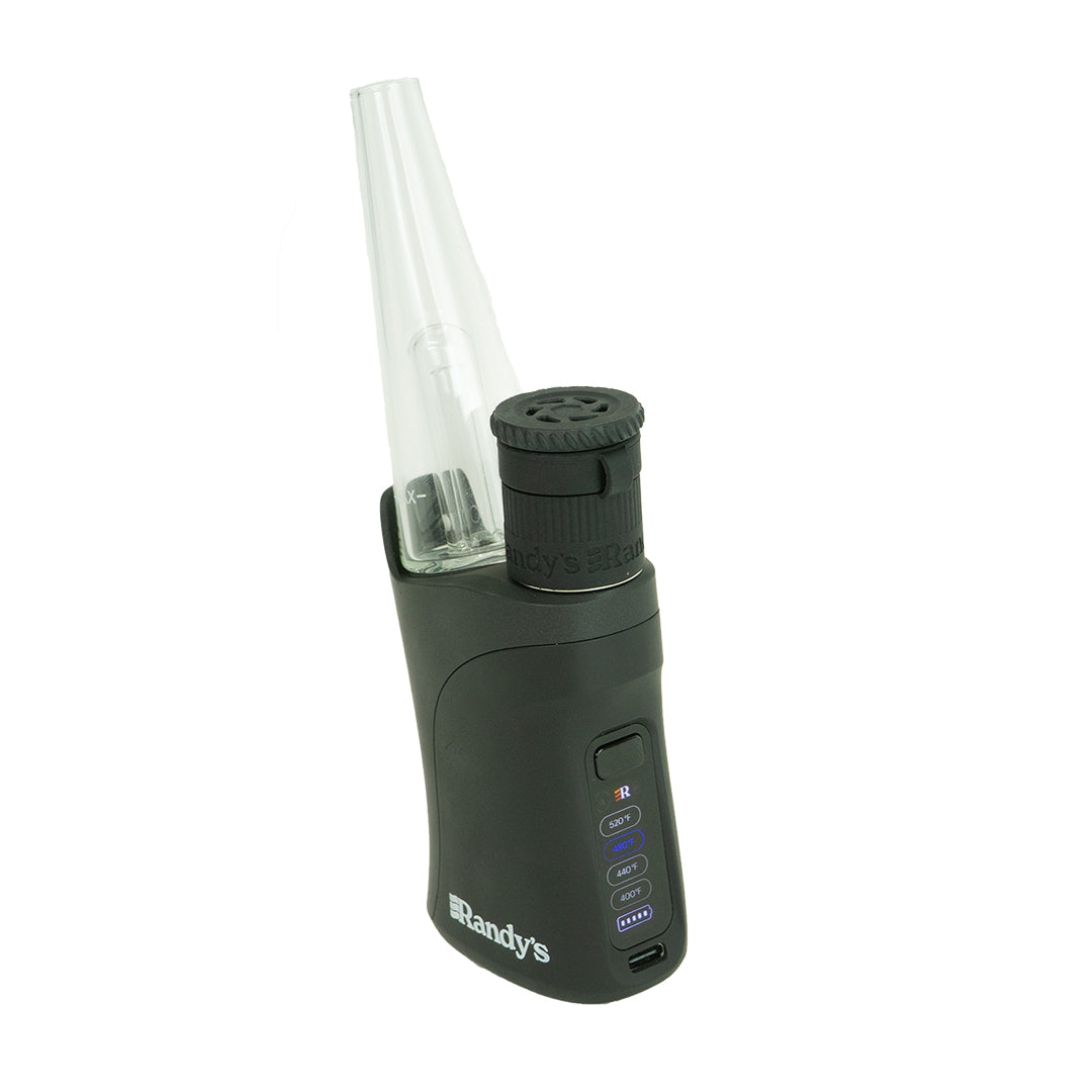 A crisp, front-facing studio product shot showcasing the Randy's Grip Plus Vaporizer in the classic Midnight finish. The handheld electronic dab rig stands upright, emphasizing the smooth lines of its black pistol-grip body, the digital screen interface, and the clear glass bubbler filtration attachment mounted to the top chamber.