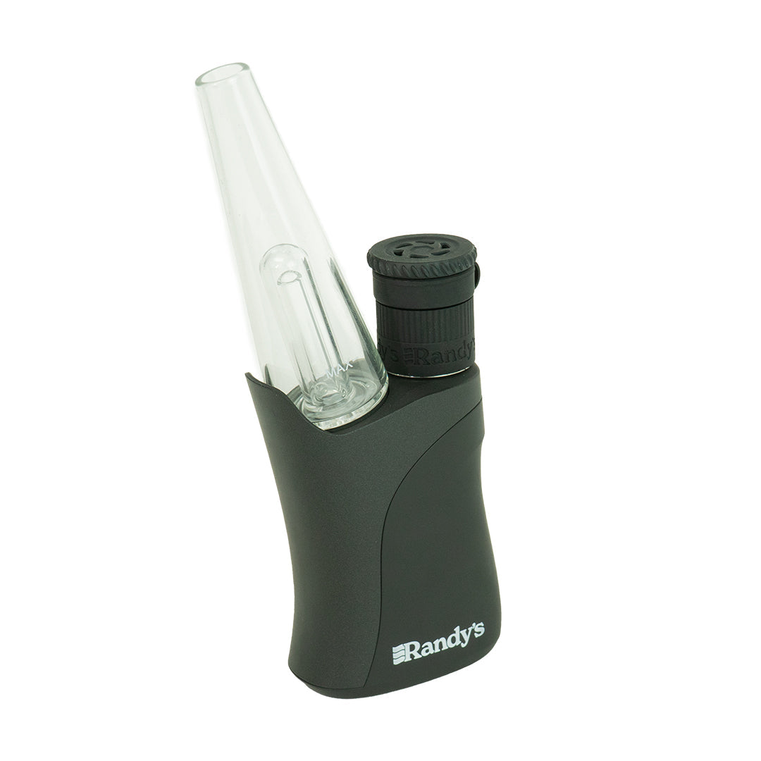 A detailed side-profile studio shot displaying the Randy's Grip Plus Vaporizer in the Midnight colorway. This angle highlights the slim, ergonomic contouring of the handheld e-rig base device and showcases the secure placement of the clear borosilicate glass water percolator and tethered orbital carb cap setup.