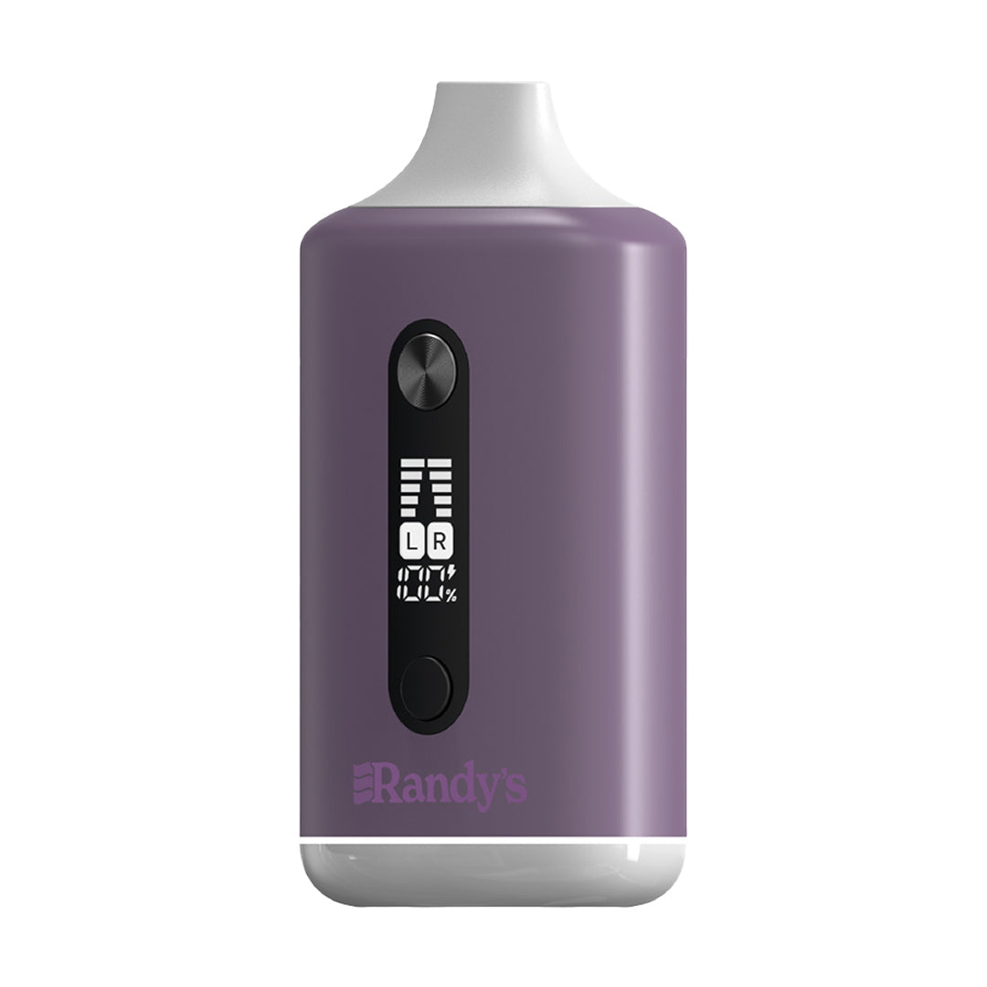Authentic Randy's Inspo Dual Vape Bar Battery in Purple, showing the ergonomic shape, large digital interface, and durable construction for dual cartridges.