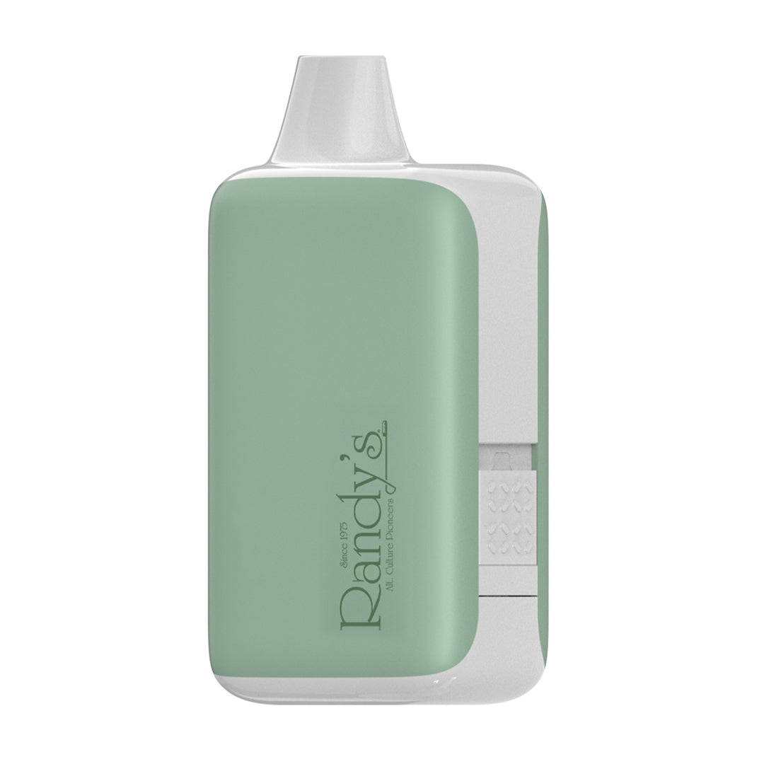 Discreet Randy's Inspo XL 510 battery in Sage Green, highlighting the auto-draw activation and variable voltage light indicator for custom vapor control.