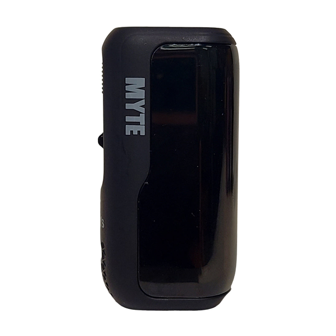 Front angle view of a matte black Randy’s Myte 510 cartridge battery featuring the MYTE logo on the casing.