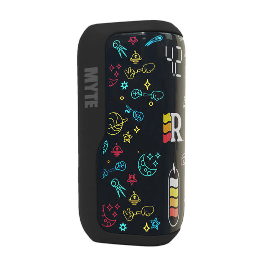 Randy’s Myte 510 battery in black casing, showing the glossy faceplate with colorful space doodles and a digital display screen showing '42'.