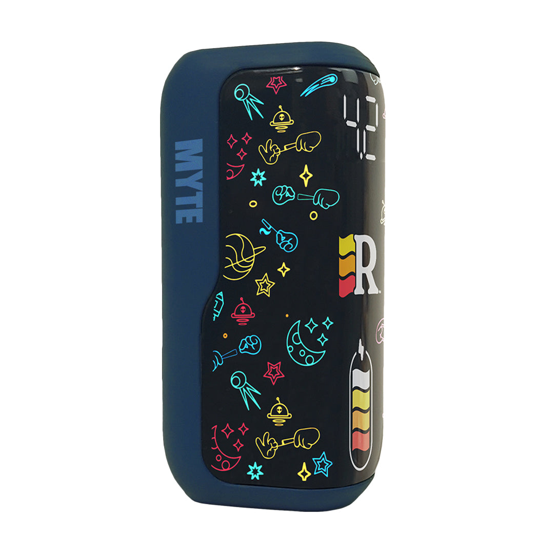 Randy’s Myte 510 battery in blue casing, showing the glossy faceplate with colorful space doodles and a digital display screen showing '42'.