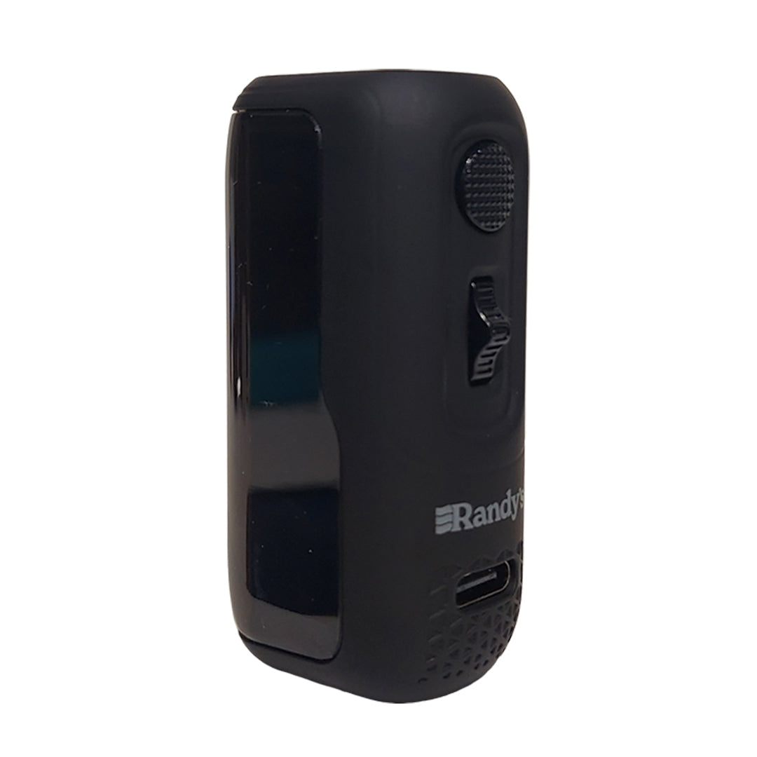 Side profile of black Randy’s Myte 510-thread battery showing the variable voltage adjustment dial, power button, and USB-C charging port.