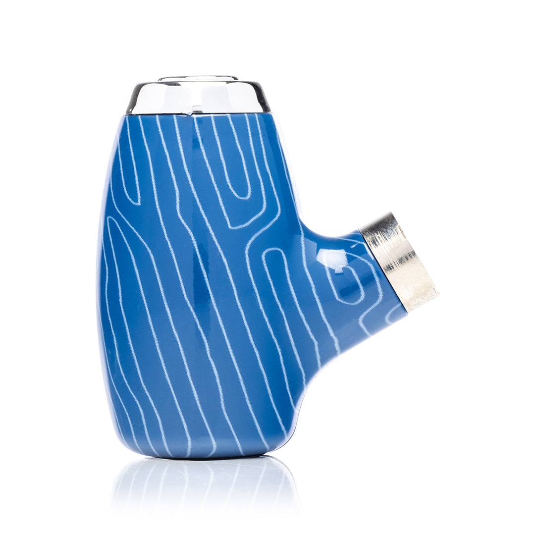 Bong Bros Sherlock-style 510 thread pipe battery in Royal Blue with a white topographic wood grain pattern and silver trim.