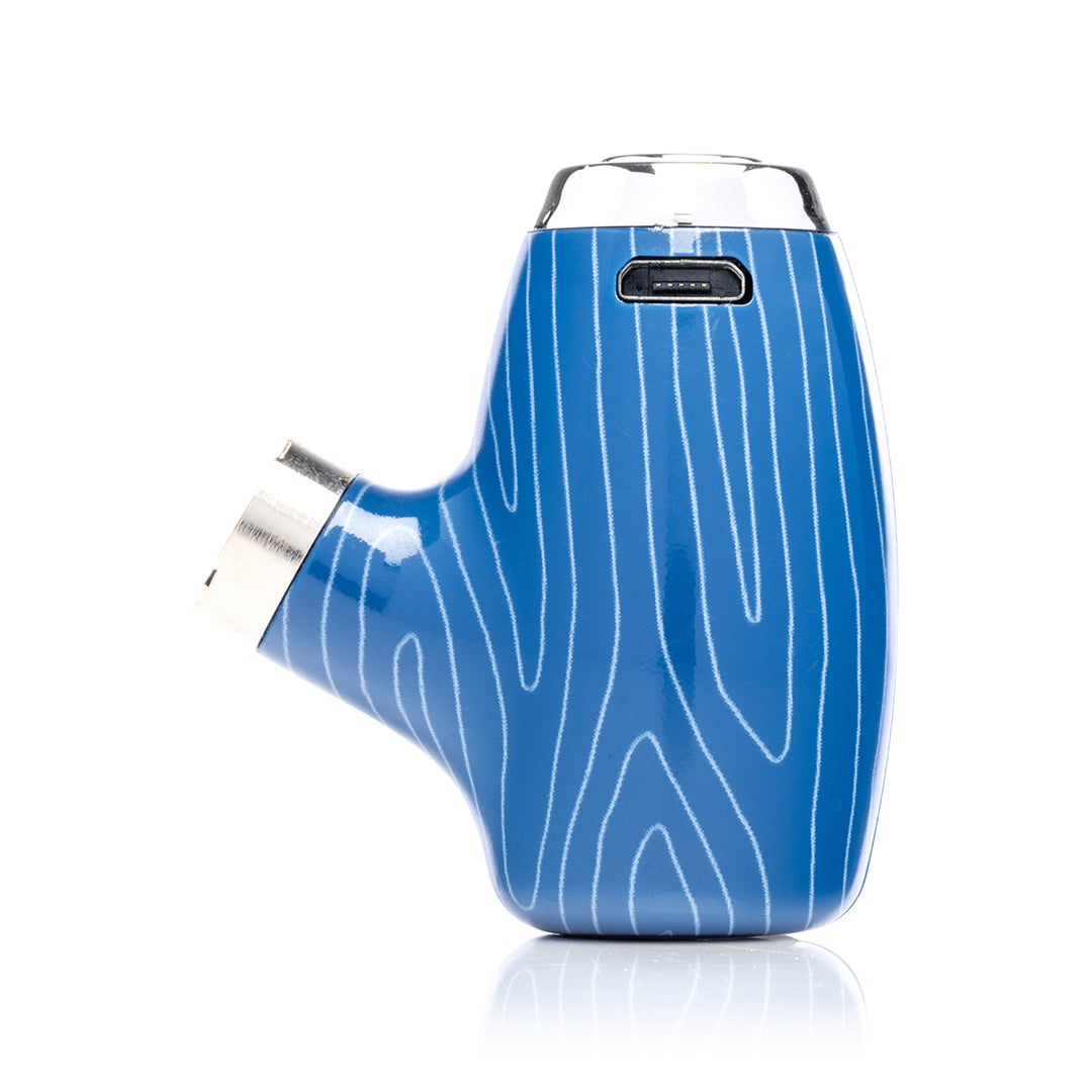 Side view of the Blue 510 thread pipe vape battery showing the Micro-USB charging port for easy recharging of the internal lithium-ion battery.