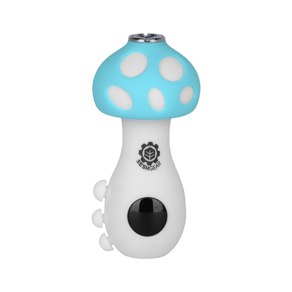 The SeshGear Mushroom in Blue, emphasizing its compact, palm-sized form factor and the singular, tactile control button located on the stem for easy operation.