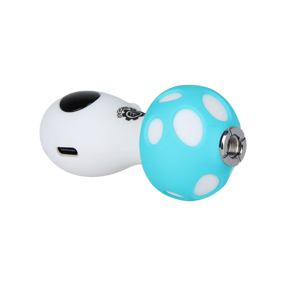 The SeshGear Mushroom 510 battery (Blue finish) laid down horizontally. This detailed shot clearly shows the USB-C rapid charging port located near the base of the stem and the universal 510-thread cartridge connection positioned at the top of the mushroom cap.