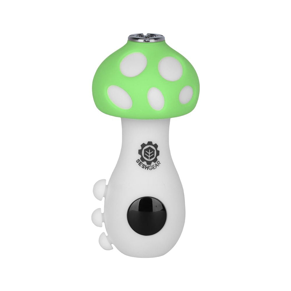 The SeshGear Mushroom in a classic Green finish. The image showcases the top-loading 510-thread port tucked under the "mushroom cap," which provides a natural guard for your cartridge.