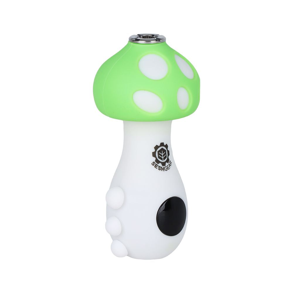 A front-angled view of the SeshGear Mushroom with a lively Green cap, emphasizing the device’s unique, nature-inspired silhouette and pocket-friendly form factor.