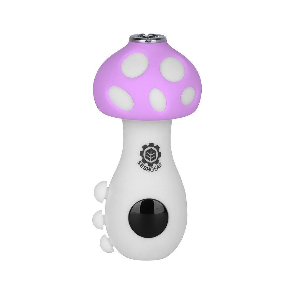A front-facing view of the SeshGear Mushroom 510 Battery with a Purple silicone top. The image highlights the device’s smooth, stem-style body and the singular tactile control button.