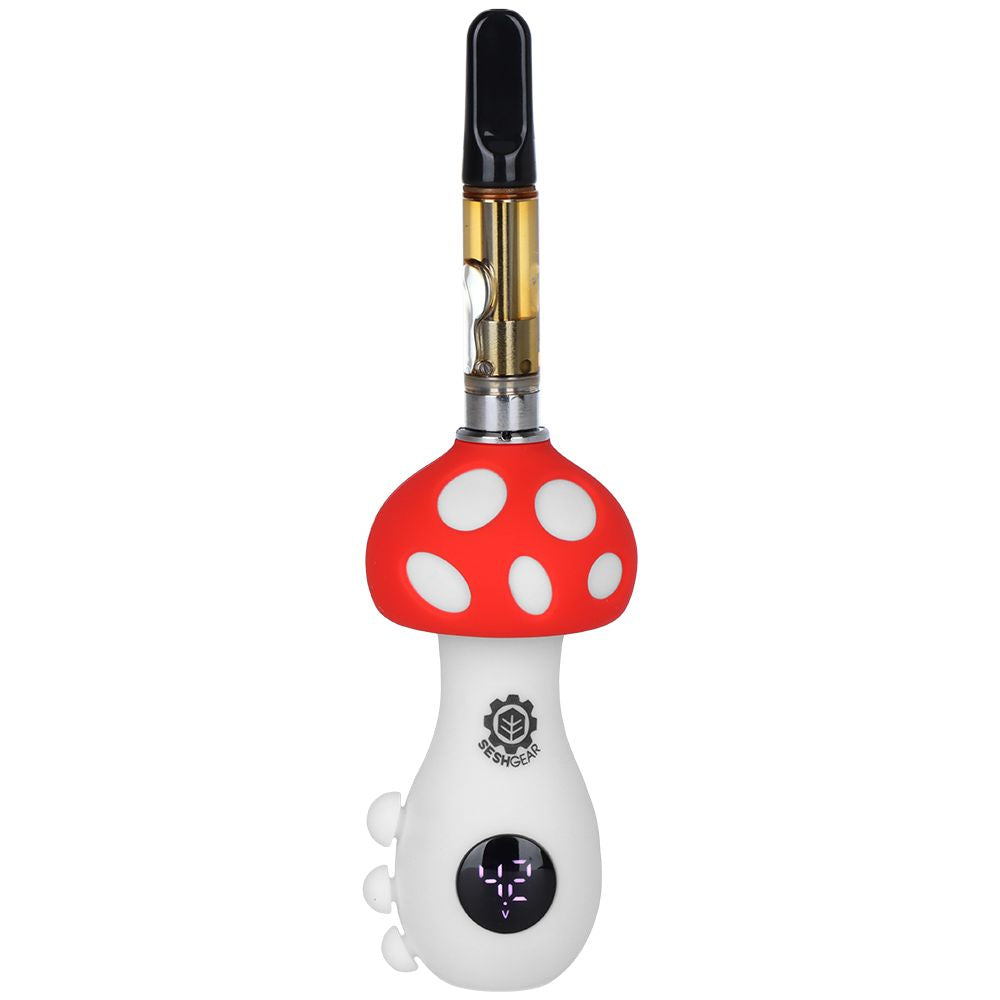 The SeshGear Mushroom 510 Battery in Red with white spots, featuring an installed 510-thread cartridge. This shot highlights the classic "Amanita" mushroom look and the clean, ergonomic profile of the device.