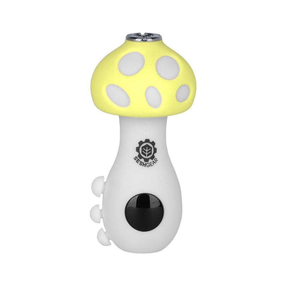 The SeshGear Mushroom 510 Battery in a cheerful Yellow finish, showcasing the classic red and white polka dot design on the protective silicone cap.