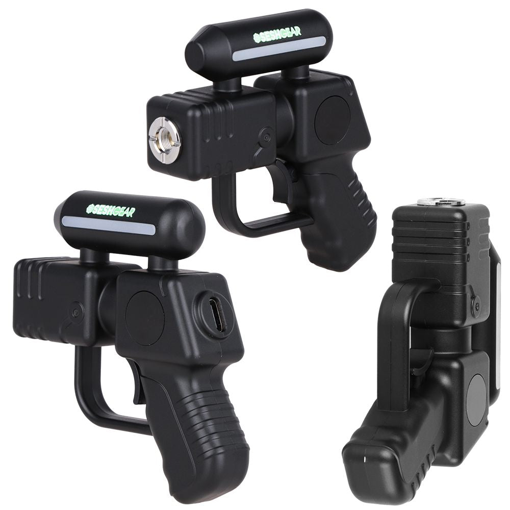 Three different angles of the SeshGear Ray Gun in Black, demonstrating the 510 connection, the side display, and the sleek overall profile.