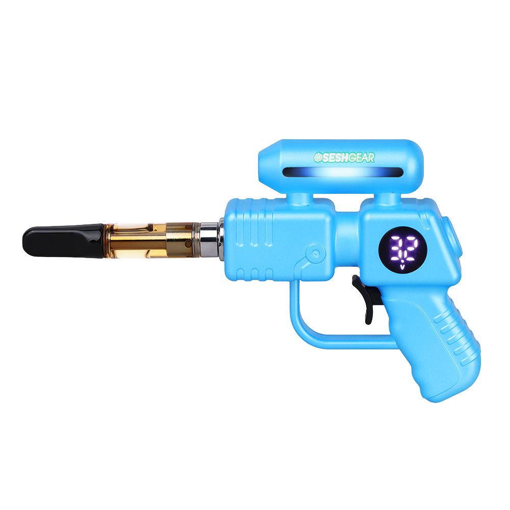 SeshGear Ray Gun in Blue, showcasing the futuristic aesthetic and the concealed USB-C charging port on the "grip" of the 510 battery.